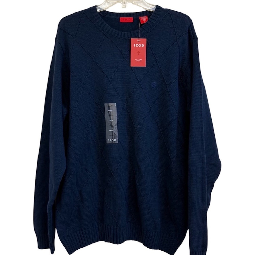 Izod Luxury Sport Mens Navy Blue Cotton Diamond Knit Crewneck Sweater Large NWT